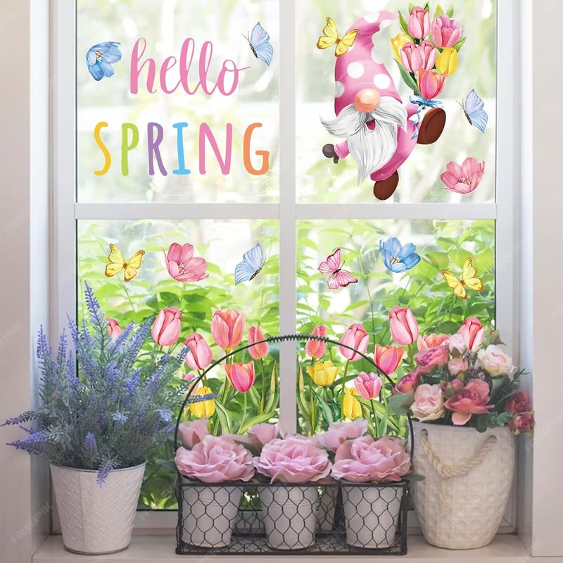 Whaline 6 Sheet Hello Spring Window Clings Pink Tulip Floral Gnome Butterfly Reusable Window Decals for Home School Office Party Supplies - Image 4